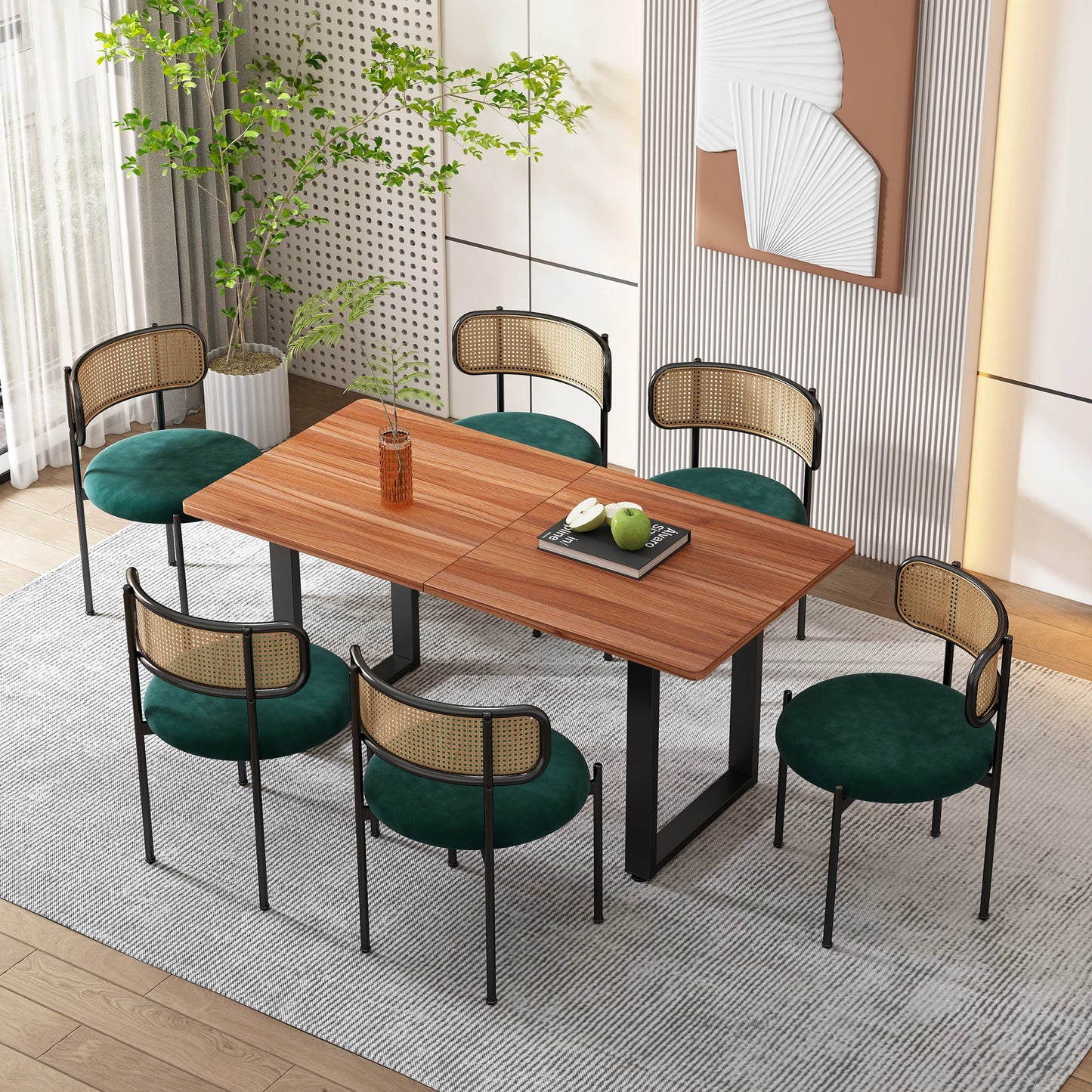 Velvet Dining Chair Set of 4 Rattan Leisure Chair Metal Legs Modern Green
