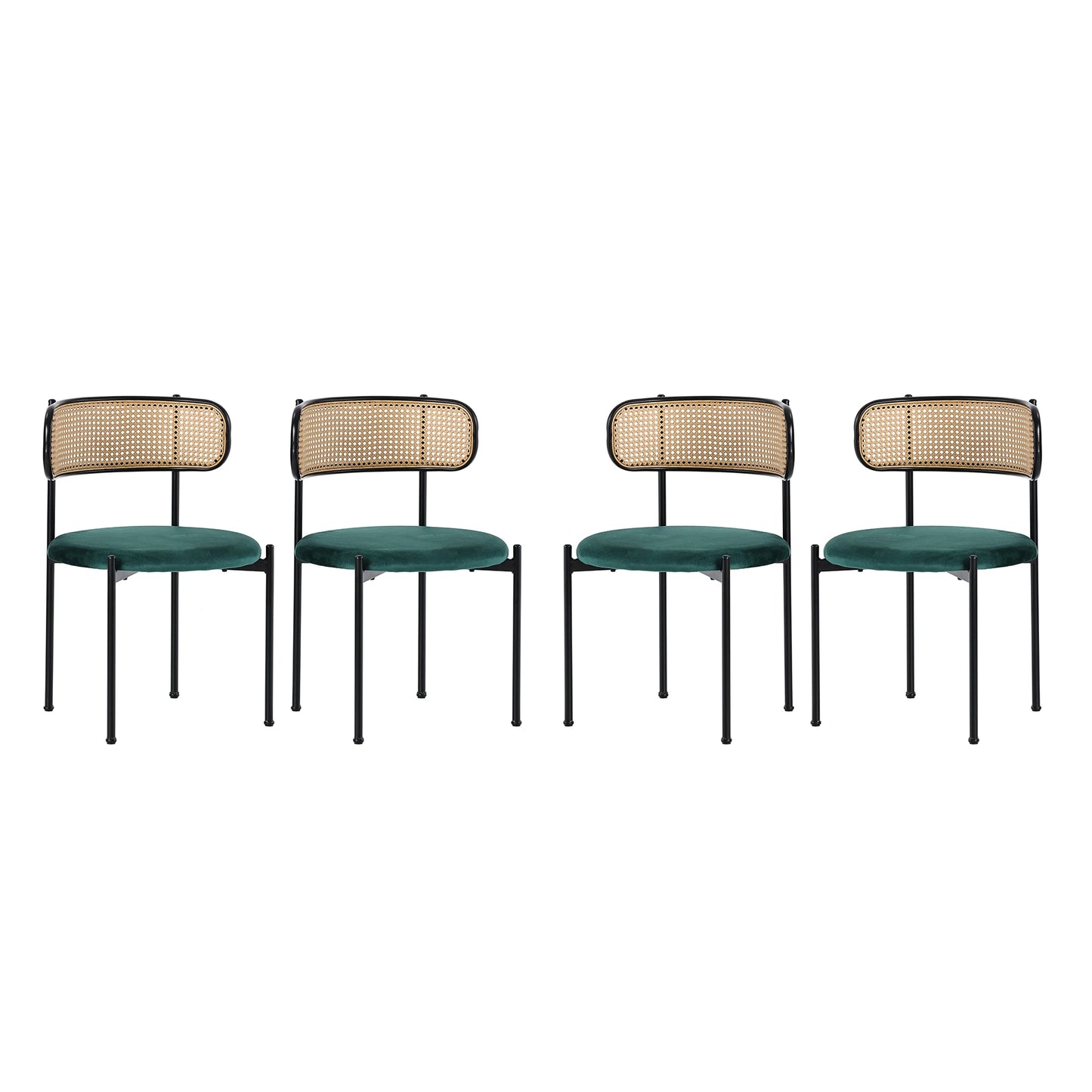 Velvet Dining Chair Set of 4 Rattan Leisure Chair Metal Legs Modern Green