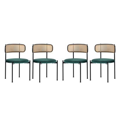 Velvet Dining Chair Set of 4 Rattan Leisure Chair Metal Legs Modern Green